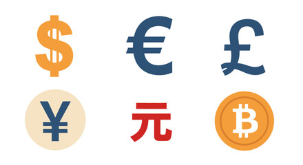 Illustration of six different currency symbols: Dollar, Euro, Pound, Yen, Yuan, and Bitcoin.