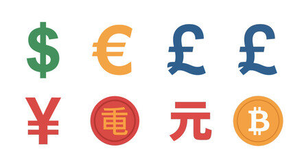 Illustration of various currency symbols including dollar, euro, pound, yen, yuan, bitcoin, and a Chinese coin.