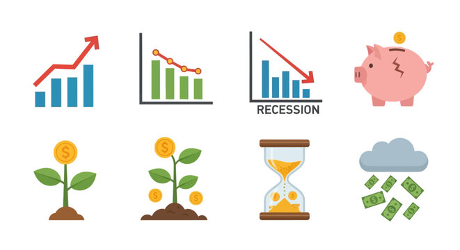 Illustrations depicting financial concepts, including growth, decline, and savings.