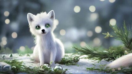 A white baby fox on Christmas theme background with bauble Christmas balls of glass. Mistletoe with Christmas decoration red balls. - Powered by Adobe