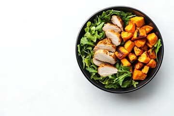 Healthy chicken salad with sweet potatoes and arugula in a black bowl on white background