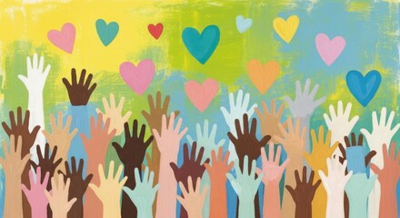 A diverse group of people raise their hands with colorful hearts in a gesture of unity and support