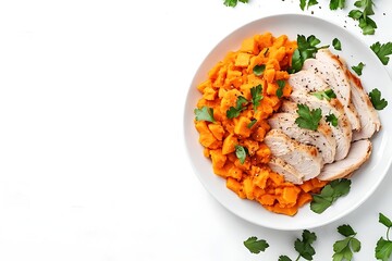 Healthy chicken breast and sweet potato dish with parsley on white plate and background
