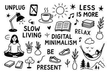 Slow Living and Digital Minimalism Doodle Set, Mindfulness Hand Drawn Icons Collection, Simple Life Wellness Meditation Concept, Healthy Lifestyle Sketch Illustration, Transparent Background
