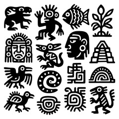 Mesoamerican tribal symbols and ancient glyphs in black silhouette, Transparent Background