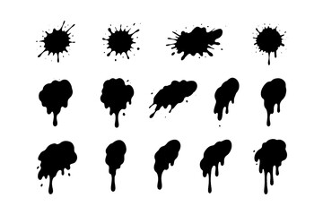 Black Paint Drip and Splatter Silhouette Set, Grunge Ink Blot Stain Collection, Spray Drip Drop Elements for Street Art Design, Graffiti Texture Shapes, Isolated on Transparent Background © FriskySloths