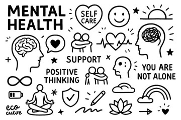 Mental Health Doodle Set, Hand Drawn Wellness and Self Care Icons, Therapy Mindfulness Positivity Support Illustration, Emotional Wellbeing Graphic Elements, Black White Transparent Background