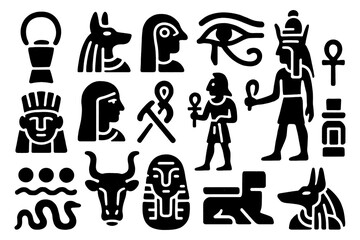 Ancient Egyptian symbols and deities in bold silhouette style, Transparent Background