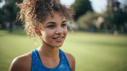 Happy teenager exercising in a park. Smiling young mixed race teenage girl wearing blue sportswear outdoors. School student being fit and active, fun fitness for young people