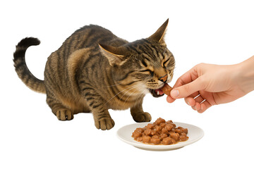 Tabby cat being hand-fed meat chunks next to food plate isolated on transparent background
