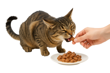 Tabby cat being hand-fed meat chunks next to food plate isolated on transparent background