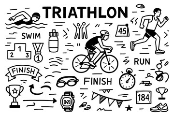 Triathlon Sport Doodle Icons Set, Swim Bike Run Race Hand Drawn Illustration, Athletic Competition Elements, Marathon Cycling Running Graphic Collection, Black White Transparent Background