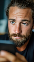 Fototapeta premium Focused Man: Intense gaze, engrossed in his digital world, reflecting concentration and modern connectivity in a close-up portrait.