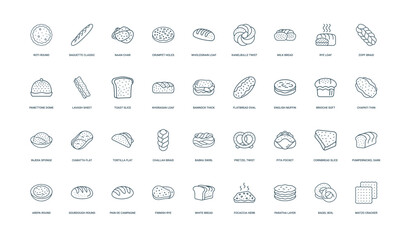 collection minimalist line art icons types bread from culinary traditions, challah toast muffin pretzel