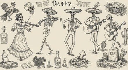 Fototapeta premium Day of the dead drawings. Day of the Dead Skeletons with Musical Instruments Illustration
