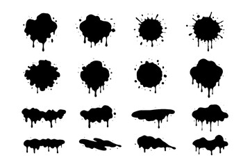 Black Paint Drip and Splatter Silhouette Set, Grunge Ink Blot Stain Collection, Spray Drip Drop Elements for Street Art Design, Graffiti Texture Shapes, Isolated on Transparent Background