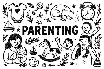 Parenting and Family Life Hand Drawn Doodle Set, Child Care and Affection Illustration Collection, Baby and Toddler Icons, Love and Positive Parenthood Concept, Black White Transparent Background