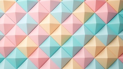 A geometric pattern of pastel-colored, three-dimensional pyramids arranged in a seamless grid on a wall.