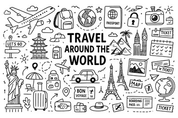 Travel Around the World Doodle Set, Hand Drawn Vacation and Tourism Icons, Adventure Landmark Passport Suitcase Illustration, Explore Journey Elements, Black White Transparent Background