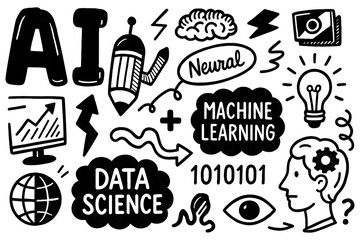 Artificial intelligence and machine learning icons in sketch style, Transparent Background