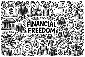 Financial Freedom Doodle Concept, Hand Drawn Finance and Money Icons Set, Business Investment Sketch Illustration, Bank Saving Economy Symbols, Black White Graphic Elements, Transparent Background