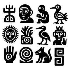 Black and white tribal Aztec and Mayan symbols, including animals, sun, deities, and abstract icons, bold silhouette style, Transparent Background