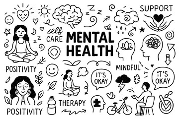 Mental Health Doodle Set, Hand Drawn Wellness and Self Care Icons, Therapy Mindfulness Positivity Support Illustration, Emotional Wellbeing Graphic Elements, Black White Transparent Background