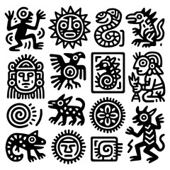 Black and white tribal Aztec and Mayan symbols, including animals, sun, deities, and abstract icons, bold silhouette style, Transparent Background
