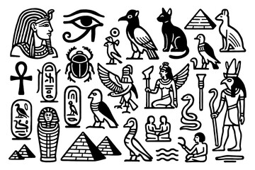 Ancient Egyptian hieroglyphic icons with pharaoh, scarab, pyramids, deities, and symbols in bold silhouette style, Transparent Background