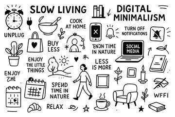 Slow Living and Digital Minimalism Doodle Set, Mindfulness Hand Drawn Icons Collection, Simple Life Wellness Meditation Concept, Healthy Lifestyle Sketch Illustration, Transparent Background