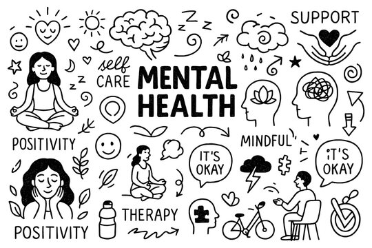 Mental Health Doodle Set, Hand Drawn Wellness and Self Care Icons, Therapy Mindfulness Positivity Support Illustration, Emotional Wellbeing Graphic Elements, Black White Transparent Background