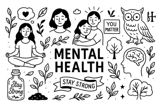 Mental Health Doodle Set, Hand Drawn Wellness and Self Care Icons, Therapy Mindfulness Positivity Support Illustration, Emotional Wellbeing Graphic Elements, Black White Transparent Background