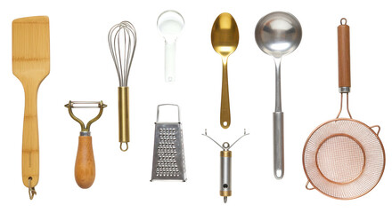 Photo of a collection of essential kitchen utensils for cooking and food preparation isolated on transparent background, featuring wood and metal