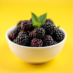 Fresh dewberries in white bowl on yellow background.