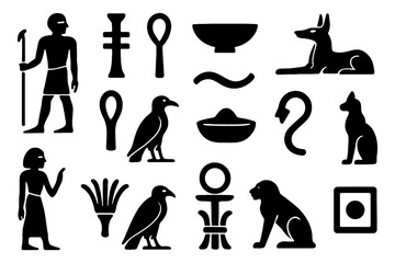 Ancient Egyptian hieroglyphic icons with pharaoh, scarab, pyramids, deities, and symbols in bold silhouette style, Transparent Background