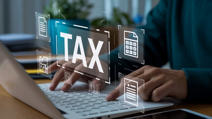 A professional business photo of tax preparation and financial analysis