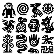 Black and white tribal Aztec and Mayan symbols, including animals, sun, deities, and abstract icons, bold silhouette style, Transparent Background