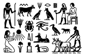 Ancient Egyptian hieroglyphic icons with pharaoh, scarab, pyramids, deities, and symbols in bold silhouette style, Transparent Background