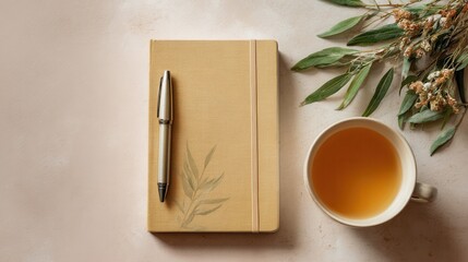Wellness journal with pen and herbal tea, symbolizing personal care and health