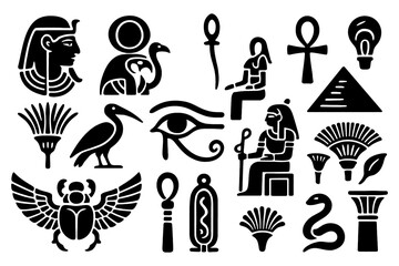 Ancient Egyptian hieroglyphic icons with pharaoh, scarab, pyramids, deities, and symbols in bold silhouette style, Transparent Background