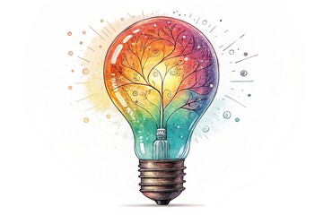 a colorful glowing idea bulb lamp, isolated design element on transparent background, visualization of brainstorming, bright idea and creative thinking, generative ai on white background.
