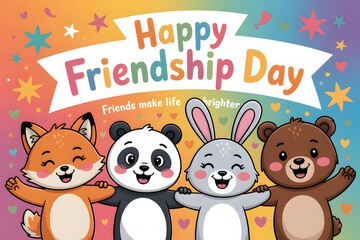 Fototapeta premium Cartoon animals are celebrating happy friendship day with stars and hearts