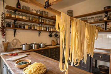 Freshly made spaghetti drying in a rustic kitchen