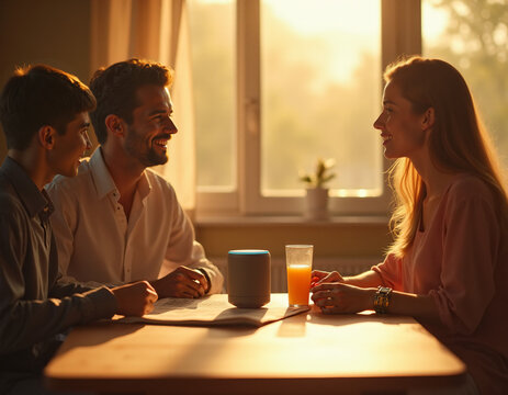 Una familia convive en hermosa ma&ntilde;ana con un inseparable asistente virtual en la mesa.