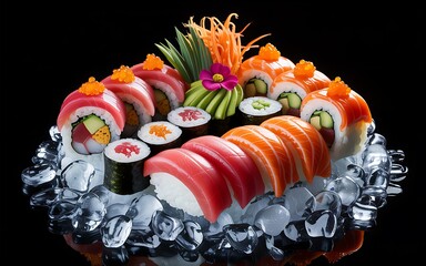 Assortment of Fresh Sushi Rolls and Nigiri on Crushed Ice with Black Background sashimi maki