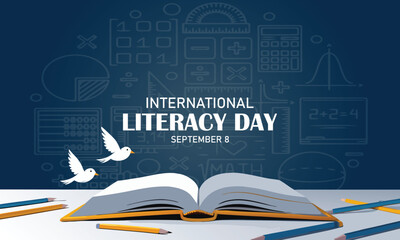 Literacy Day card of open book with bird pages.