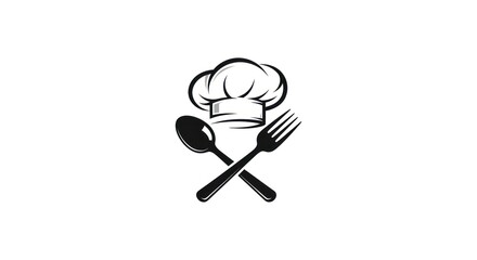 Monochrome restaurant logo concept featuring a chef's toque with a crossed fork and spoon. A timeless emblem for food, dining, and gastronomy.