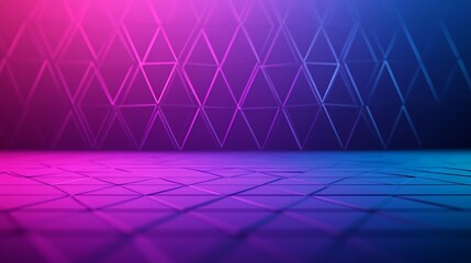 A vibrant digital background with neon pink and blue gradient lighting highlighting a geometric triangular grid pattern on walls and floor.