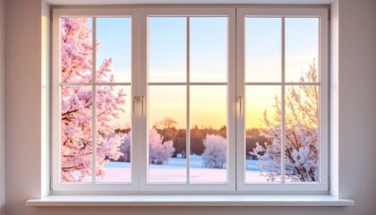 White Window Frame With Frosted Glass Overlooking Snow Covered Landscape and Trees During Sunset