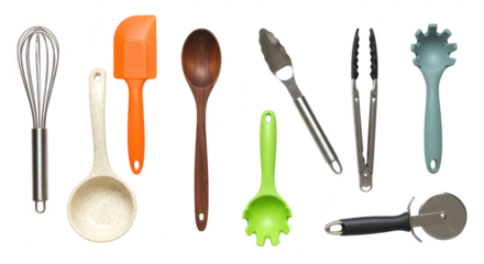 Photo of a variety of kitchen utensils and cooking tools isolated on transparent background for culinary use